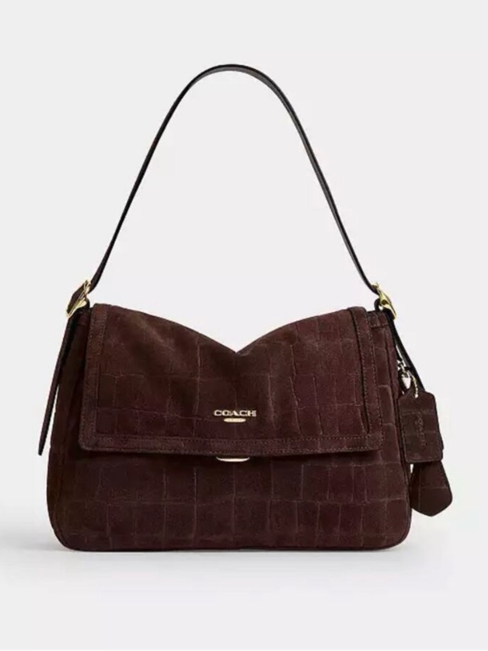 Coach NEW Dark Brown Croc-Embossed Suede Shoulder Bag